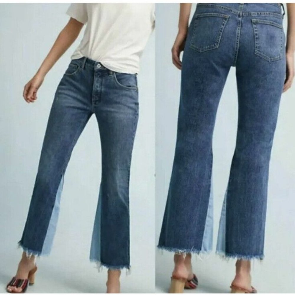 Anthropologie Pilcro Letterpress Jeans Size 29 Two Tone Flare Raw Hem Blue Denim - Picture 2 of 7